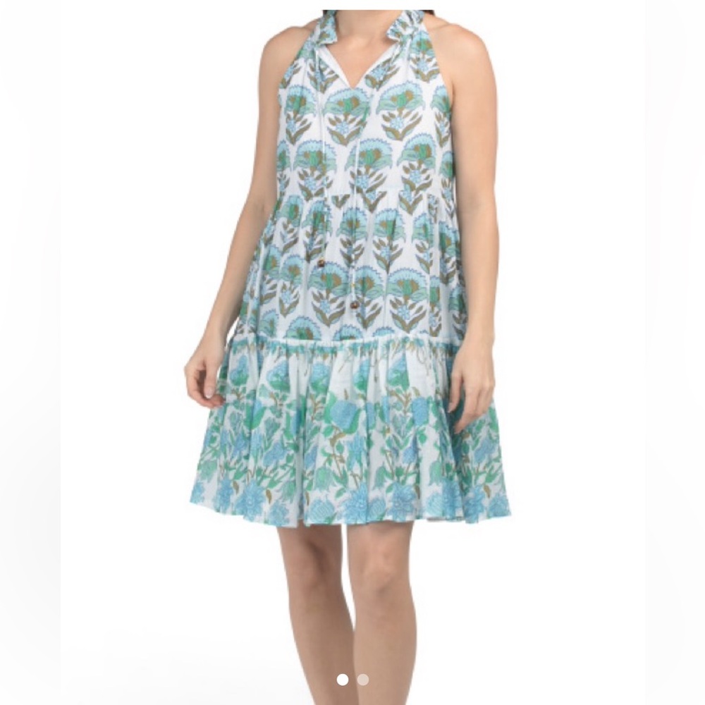 Calypso St. Barths 100% cotton block print Floral Blue and Green Women's dress